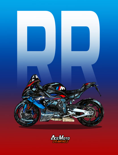 BMW M1000RR Wall Poster | Motorcycle Poster, Bike Wall Art Decor - Gift for Lovers BMW Rider Present Drawing - M1KRR