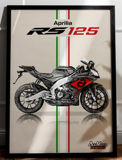 Aprilia RS125 - 2018 | Motorcycle Poster, Bike Wall Art Decor - Gift for Lovers Aprilia Rider PresentDrawing