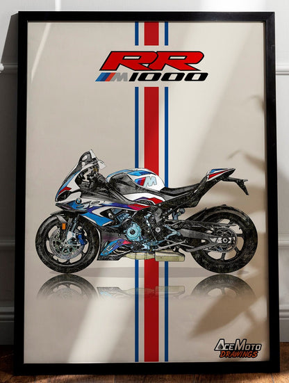 BMW M1000RR Wall Poster | Motorcycle Poster, Bike Wall Art Decor - Gift for Lovers BMW Rider Present Drawing